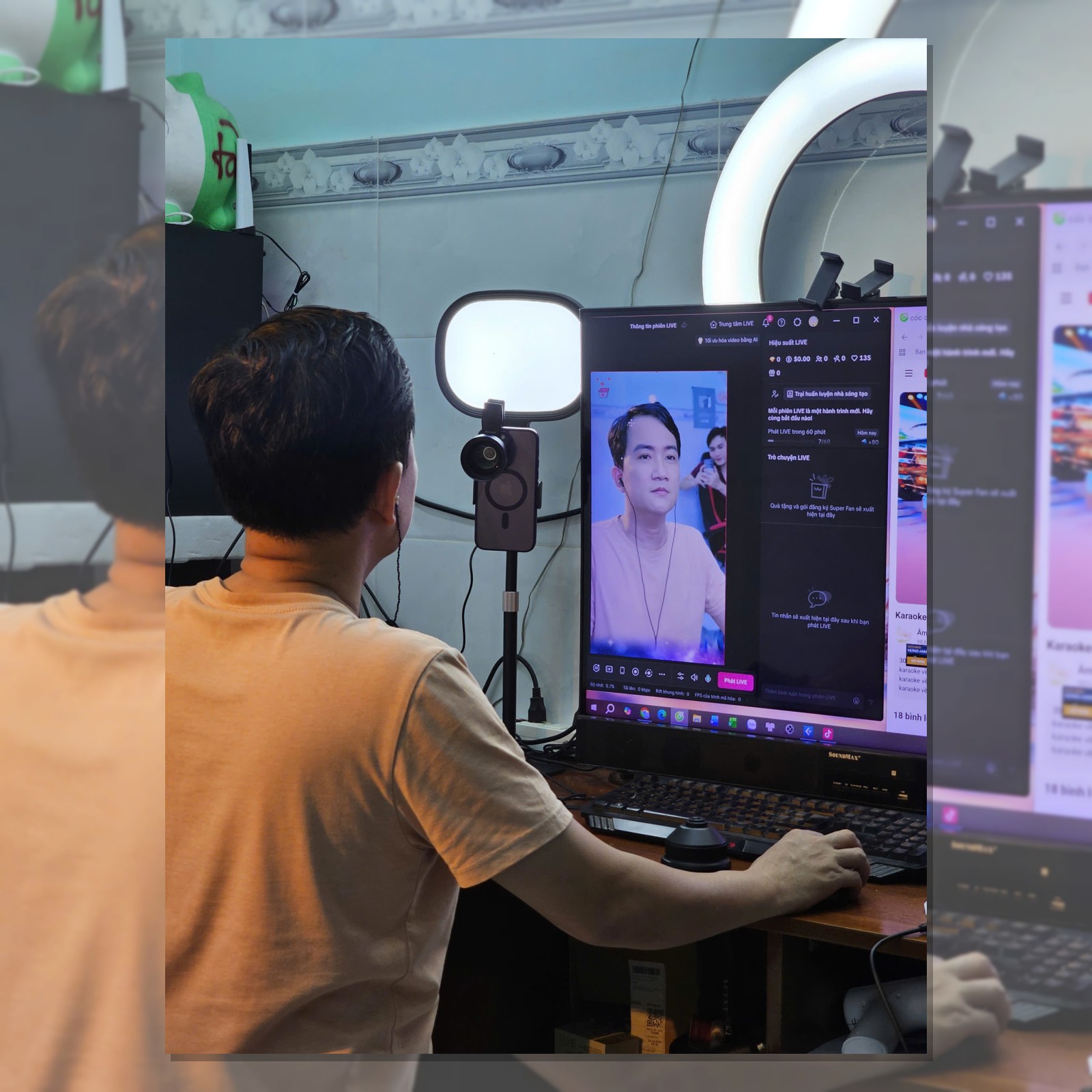 Bố trí đèn livestream cạnh màn hình máy tính