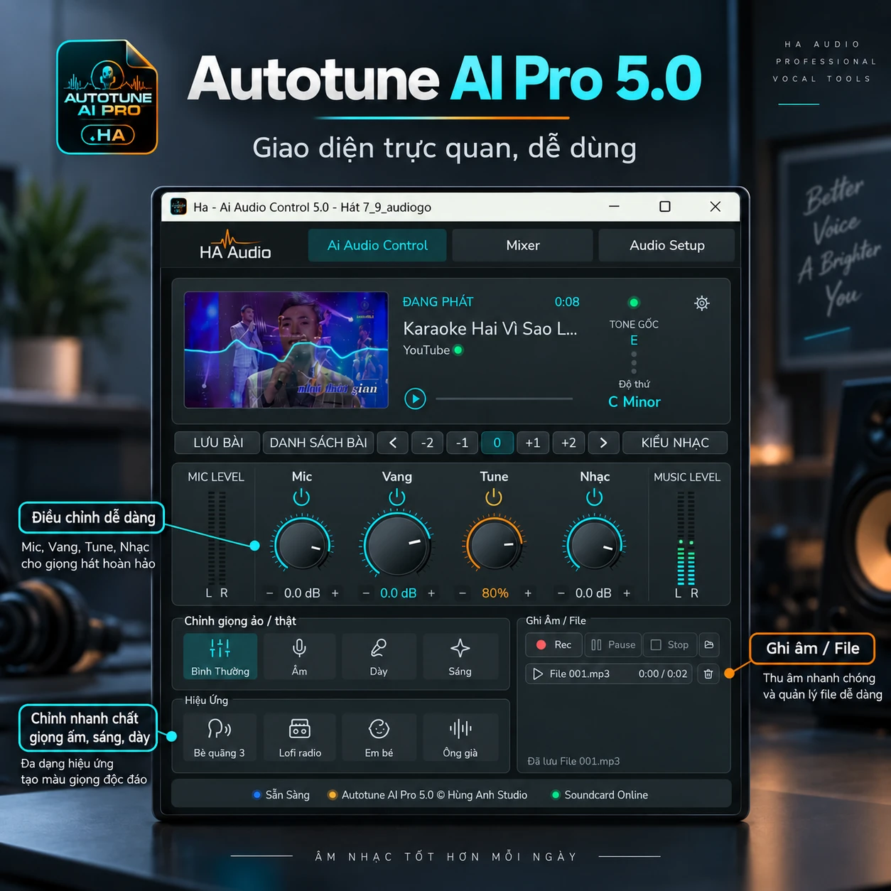 AutoTune AI Pro 5.0 giao diện trực quan dễ dùng cho hát live và thu âm