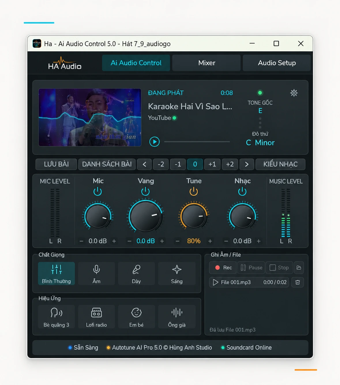 Vị trí núm Mic Vang Tune Nhạc và phần ghi âm trên giao diện AutoTune AI Pro 5.0