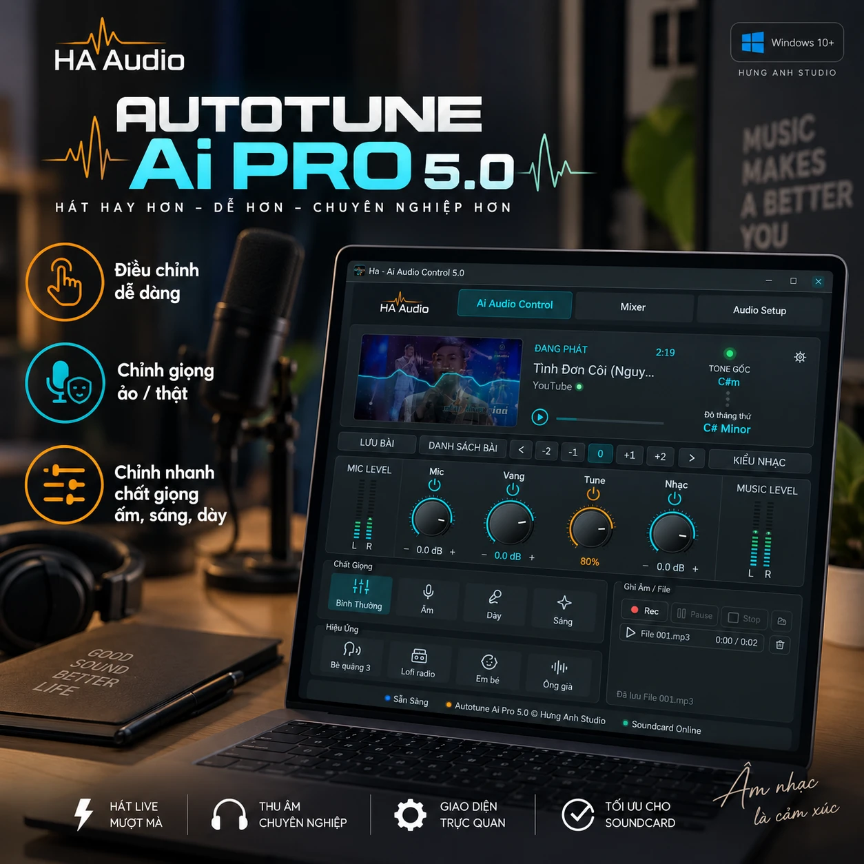 AutoTune AI Pro 5.0 trên laptop với micro dùng hát live và thu âm