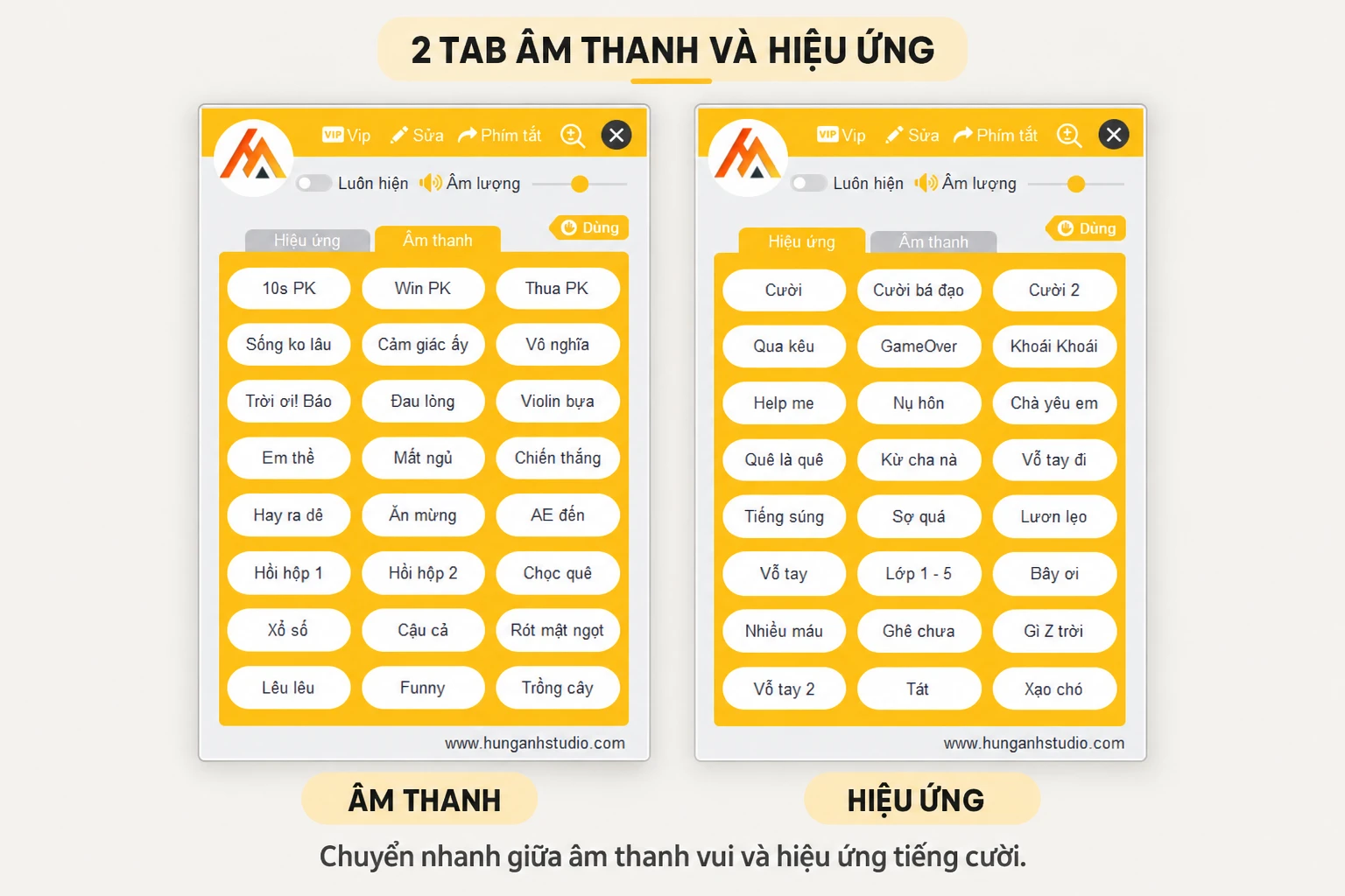 Hai tab Âm thanh và Hiệu ứng trong phần mềm tiếng cười livestream