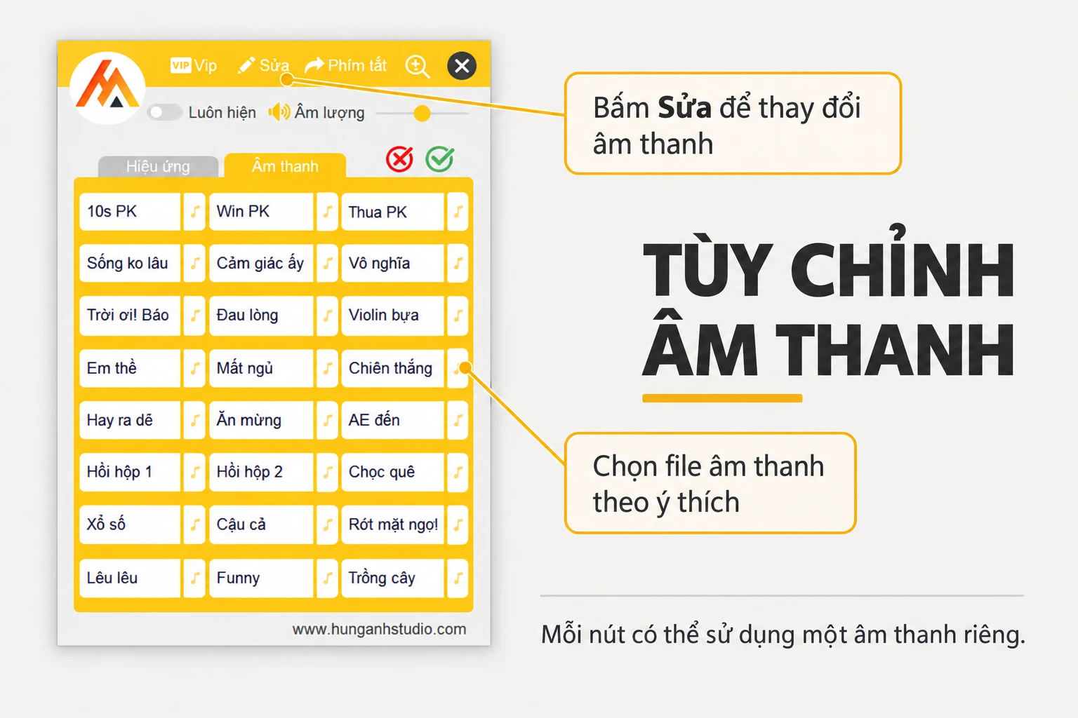 Bấm Sửa để thay đổi file âm thanh cho từng nút trong phần mềm tiếng cười